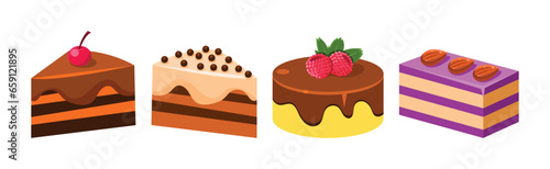 Baked Cake and Sweet Dessert with Decoration Vector Set