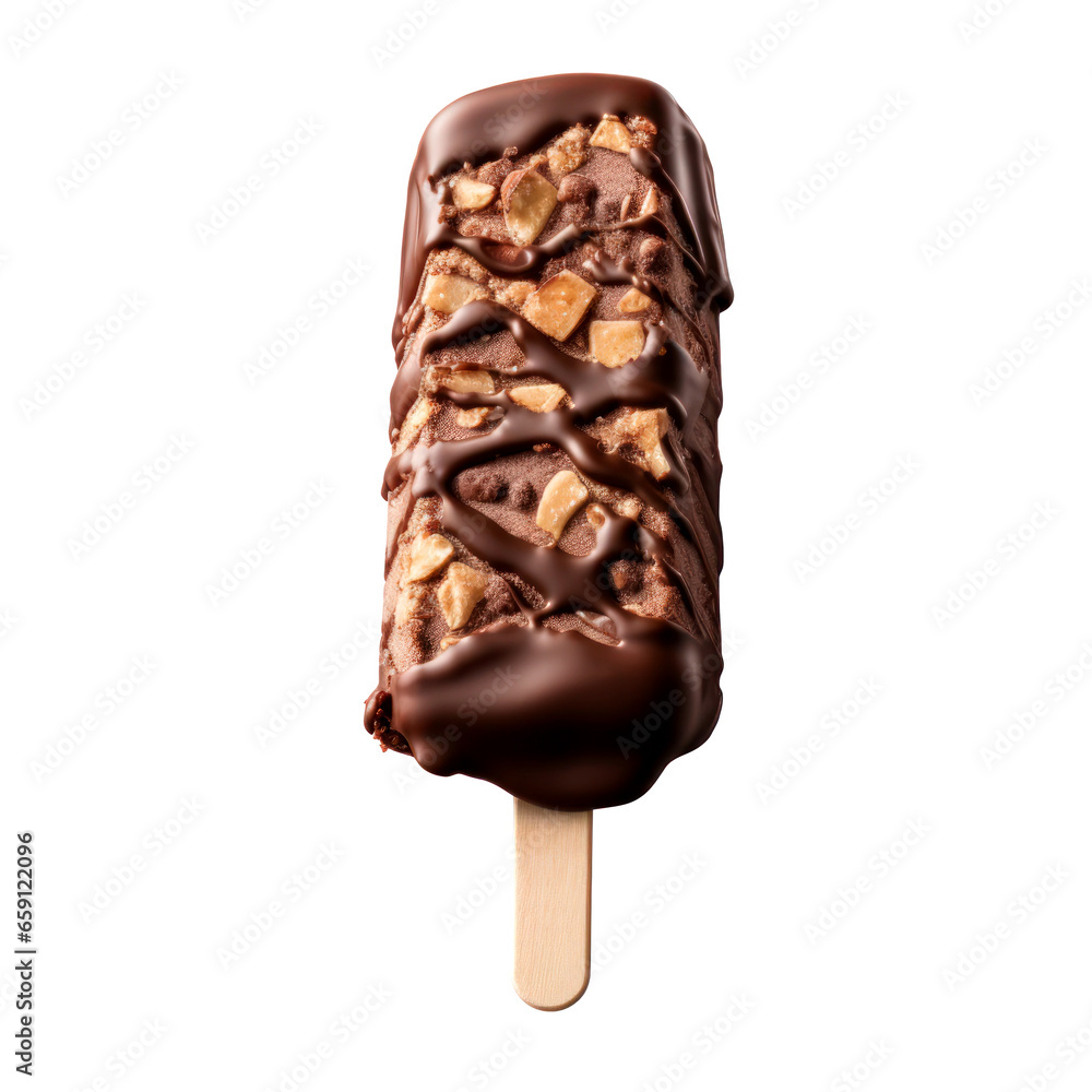Obraz premium Ice cream in chocolate glaze on a stick with caramel and nuts isolated on a white background