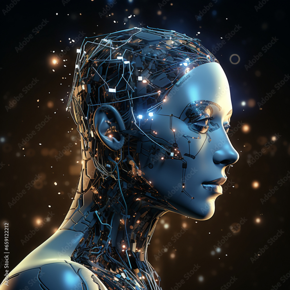 concept of robotics closely intertwined with advanced digital technology. Depict a low-poly, digital robotic face profile, appearing as if it's gazing intently towards symbols of digital technology. concept of robotics closely intertwined with advanced digital technology. Depict a low-poly, digital robotic face profile, appearing as if it's gazing intently towards symbols of digital technology.