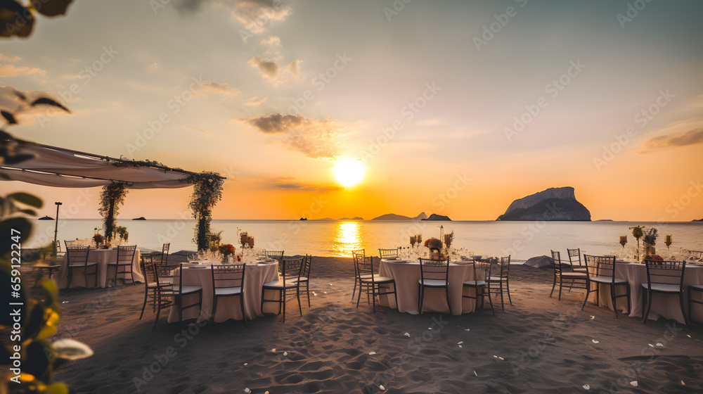 The coastline and mountains in the background flowers sand sunset wedding