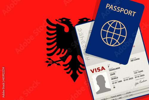 Visa and Passport to Albania. Albanian Flag Background. Vector illustration