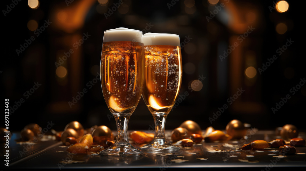 Beer glass on party dark background.