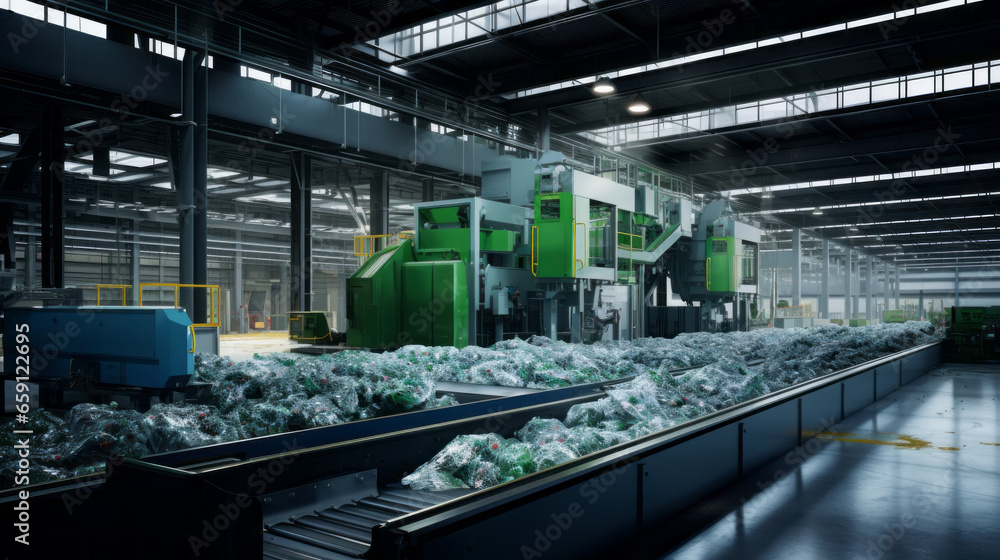 An expansive recycling center for glass, with conveyor belts sorting and processing bottles