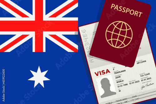 Visa and Passport to Australia. Australian Flag Background. Vector illustration