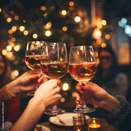 Selective focus at wine glass in hands, cheer and toast, blur and defocus background of interior bar vibe with golden bokeh.