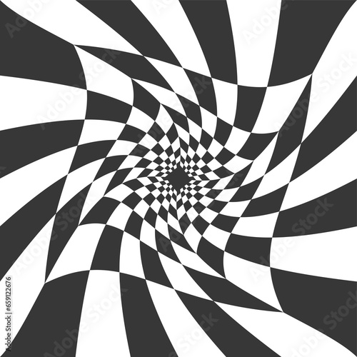 Checkerboard black and white psychedelic pattern. Optical illusion art background. Chess grid abstract Y2k square. Wavy circular perspective illustration