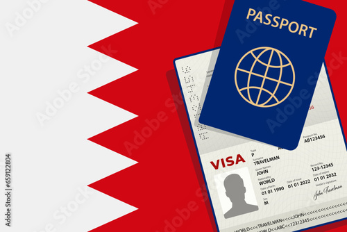 Visa to Bahrain and Passport. Bahraini Flag Background. Vector illustration