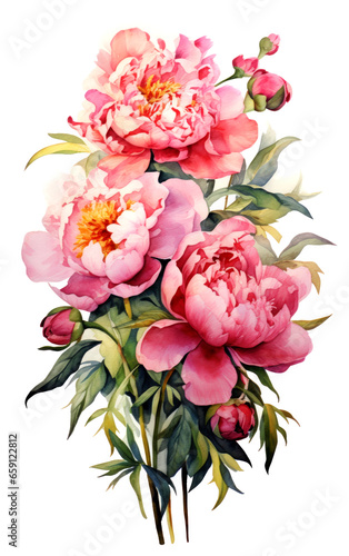 Peonies flowers beautiful delicate watercolor illustration isolated on white background