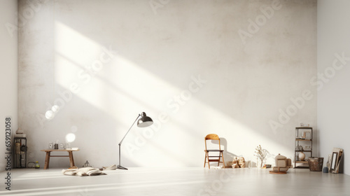 An empty, white room, with a few random objects scattered around, and a single lightbulb in the center photo