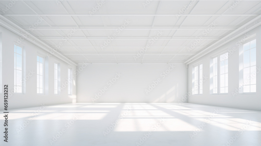 An empty, white room, with a few large windows at the top