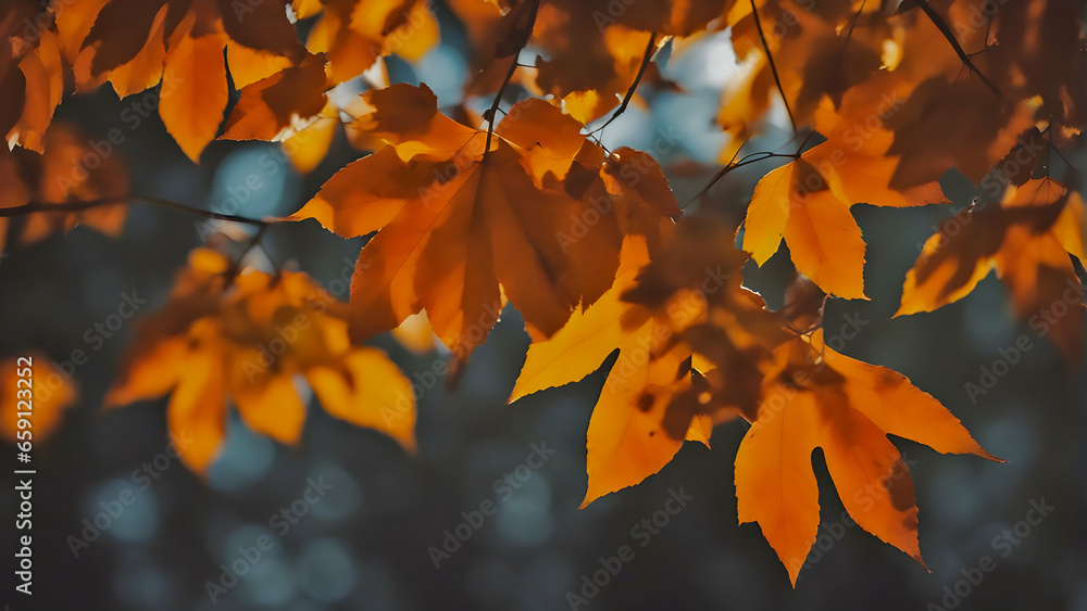 A close-up of vibrant autumn leaves on a sunny day - obrazy, fototapety, plakaty 
