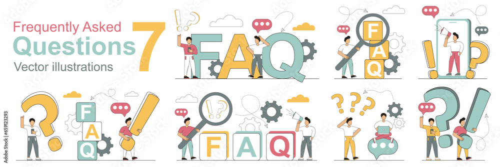 FAQ. Big collection. Concept of request, question.Questions, information requests, questions and support questions, problem answers, help. Support of problems and their resolution.Vector illustration.