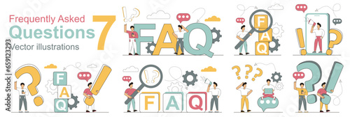 FAQ. Big collection. Concept of request, question.Questions, information requests, questions and support questions, problem answers, help. Support of problems and their resolution.Vector illustration.