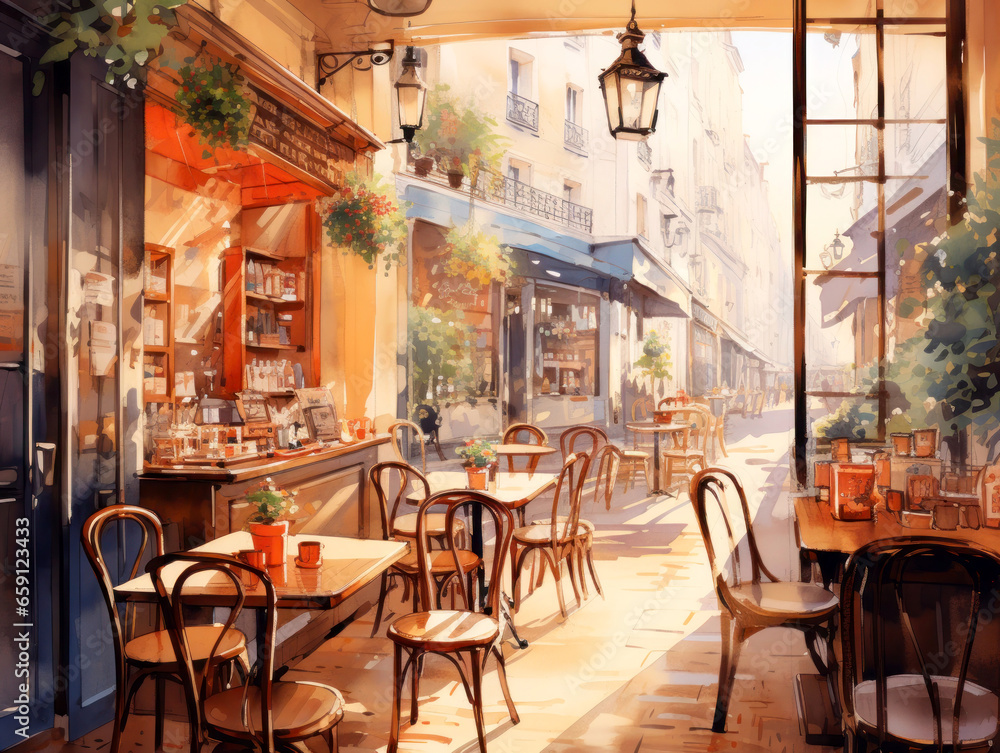 Interior of a city street cafe in the morning without visitors watercolor illustration - obrazy, fototapety, plakaty 