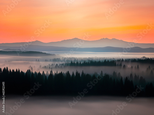 Foggy morning in Carpathians in Ukraine Europe.