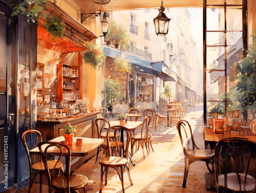 Interior of a city street cafe in the morning without visitors watercolor illustration
