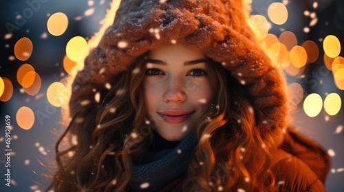 Closeup portrait of girl with orange fireworks on background in winter.