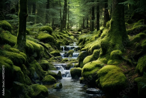 Untouched Forest moss nature. Fresh grass. Generate Ai