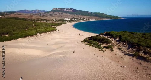 aerial view, flight from the top of the Dunes of Bolonia towards the Atlantic Ocean, Cadiz, Costa de la Luz, Andalusia, Spain