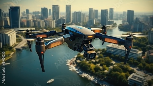 Drone flying over a modern city. © visoot
