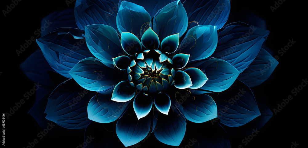 Digitally enhanced  of a dahlia flower with deep midnight blue petals blossoming against a black background, emanating a mysterious and elegant vibe perfect for various designs