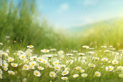 Beautiful wild flowers chamomile. Spring summer background. Landscape wide format, copy space, warm green colors. generative ai.