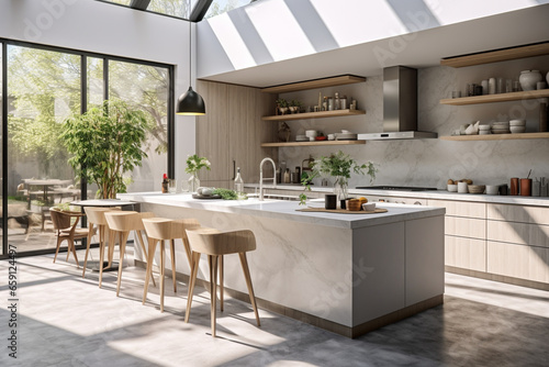 interior of a modern kitchen with open shelves,