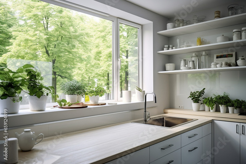 interior of a modern kitchen with white cabinets,wooden countertop © Наталья Лазарева
