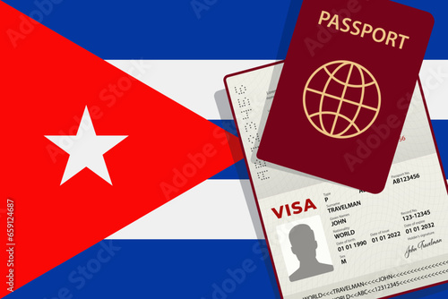 Visa to Cuba and Passport. Cuban Flag Background. Vector illustration