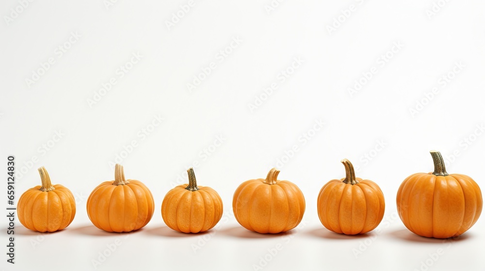a row of pumpkins sitting in a row on a white surface. generative ai a row of pumpkins sitting in a row on a white surface. generative ai
