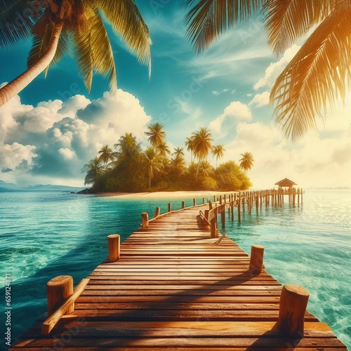 Beautiful tropical landscape background, concept for summer travel and vacation. Wooden pier to an island in ocean against blue sky with white clouds, panoramic view.
