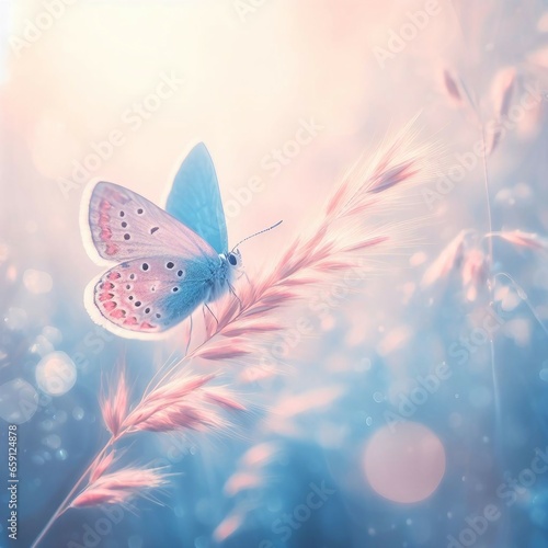 Gentle natural background in light pastel blue pink colors. Beautiful butterfly on blade of grass in nature. Airy soft romantic dreamy artistic spring image. © adobestock.art