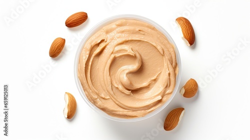  a bowl of peanut butter with almonds on the side. generative ai