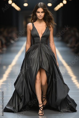 Shot of woman on catwalk wearing a long black dress.