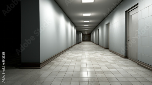 An empty hallway with grey walls and a tiled floor