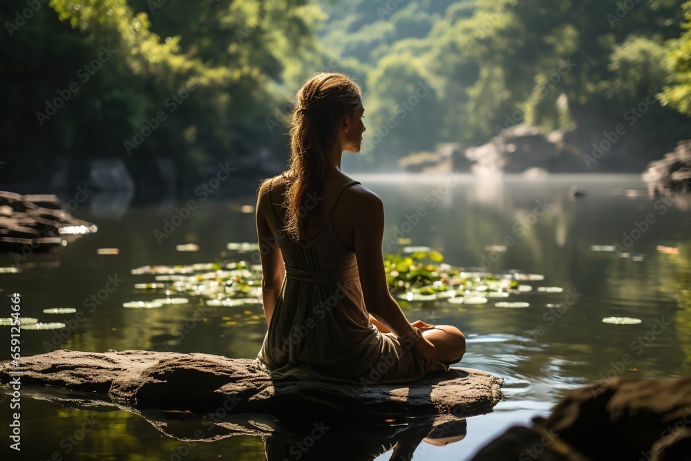 A woman meditates by a tranquil lake, the reflection of a serene landscape mirroring her inner peace. A woman meditates by a tranquil lake, the reflection of a serene landscape mirroring her inner peace.