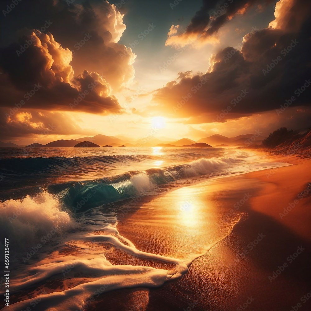 Beauty of sea nature of Mediterranean coast on warm summer evening. Setting sun illuminates stormy waves with caps of foam rolling onto golden sandy beach