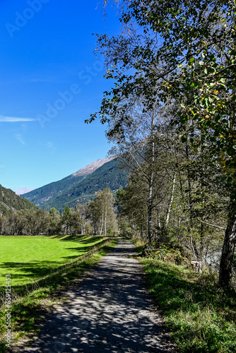 Längenfeld, Ötztaler Ache, Fluss, Uferweg, Ötztal, Wanderweg, Tal, Tirol, Berge, Wald, Landwirtschaft, Sölden, Herbst, Spätsommer, Österreich photo