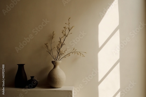 minimalist decorative objects and flowers on shelf with sunlight