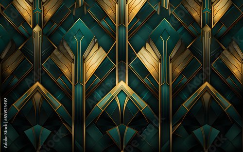 Geometric Arcs and Metallic Accents Background, geometric pattern in a palette of teal and gold, this Art Deco