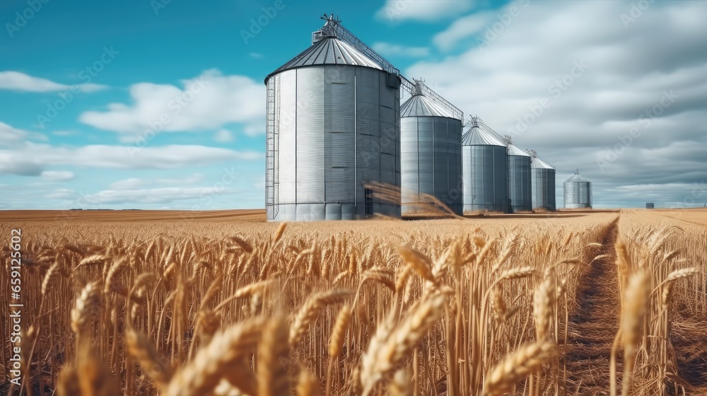 Field of wheat at sunset with grain silos in the background. Field of wheat at sunset with grain silos in the background.