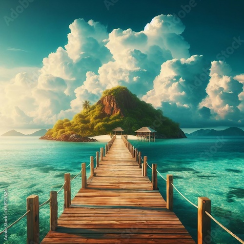 Fototapeta Naklejka Na Ścianę i Meble -  Beautiful tropical landscape background, concept for summer travel and vacation. Wooden pier to an island in ocean against blue sky with white clouds, panoramic view.