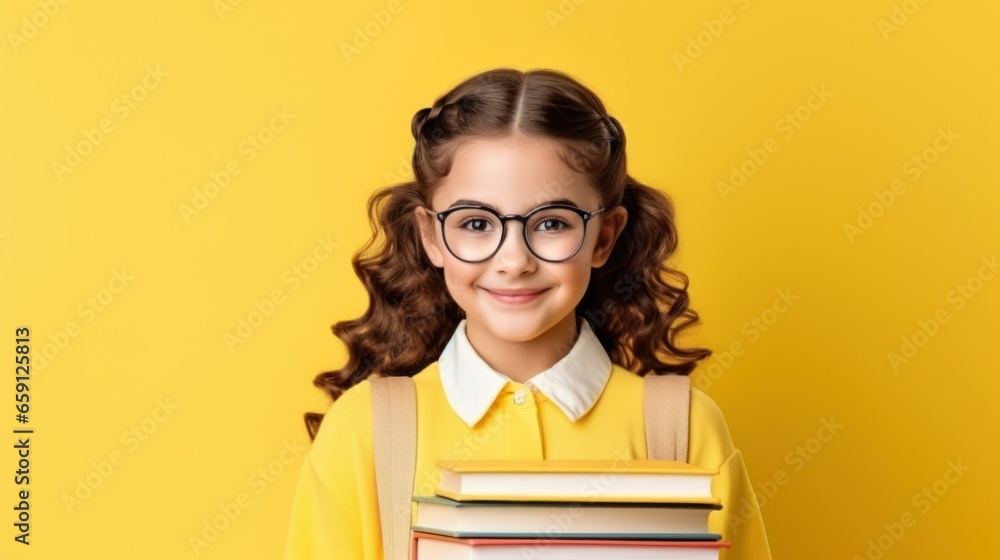 Smiling Child School Girl with Glasses Holding Book for Back to School
Smiling Child School Girl with Glasses Holding Book for Back to School