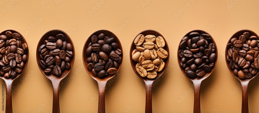 Bird s eye view of coffee beans in a small bowl with a spoon representing the concept of coffee - obrazy, fototapety, plakaty 