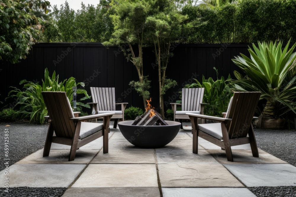 Captivating Four chair fireplace pit. Garden outdoor. Generate Ai