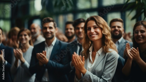 Business professionals applauding during conference, Applauding together in business meeting.