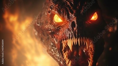 Creepy burning monster. A terrifying creature came out of hell. Demonic horrific.