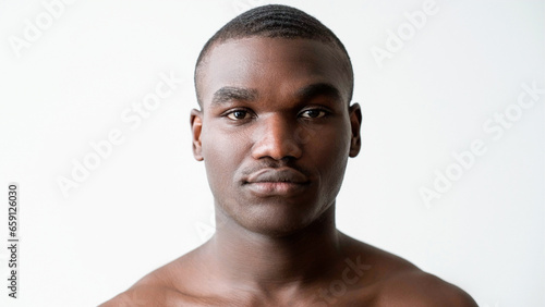 Male cosmetology. Face care. Confident handsome shirtless man with smooth radiant flawless healthy facial skin isolated on white background.