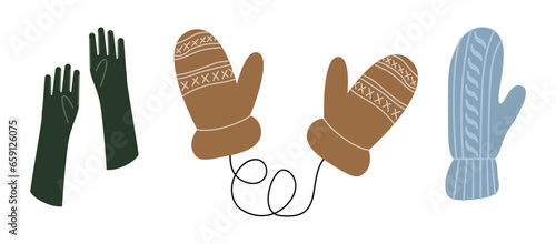 Warm mittens set flat vector illustration. Knitted clothing for hands traditional winter season knitwear. Fashionable handmade gloves isolated on white background. Apparel store, garments shop product