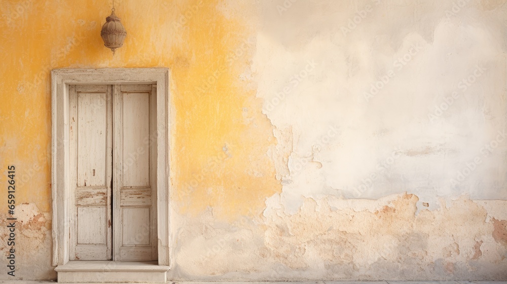 Fototapeta premium The dilapidated wall of the building and the wooden door require major repairs. Facade of a house with damaged plaster. Photophone for retro shooting. Illustration for cover, card, interior design.